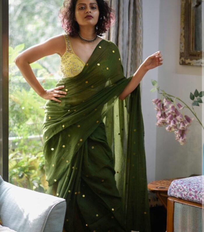 Green color gini work Mul cotton saree