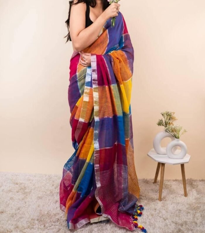 Classy white and red checks lenin saree