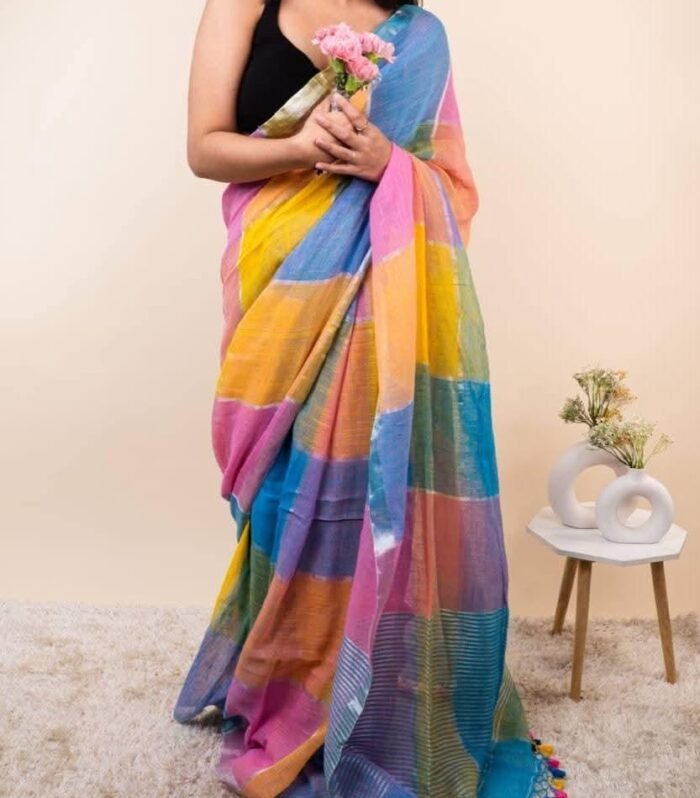 Classy blue and yellow checks lenin cotton saree