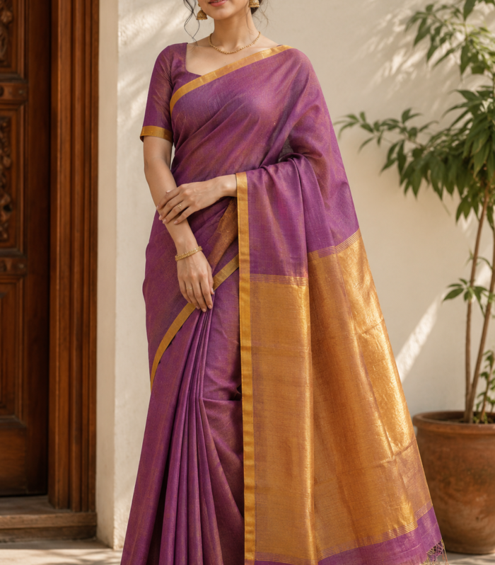Voilet Tissue Lenin Handloom Saree