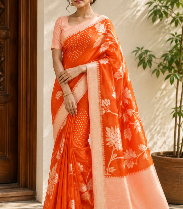 Rustic red and Peach Semi Raw Mango Saree