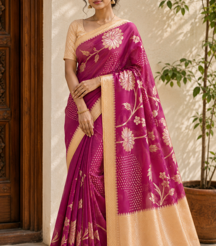 Purple and Peach Semi Raw Mango Saree